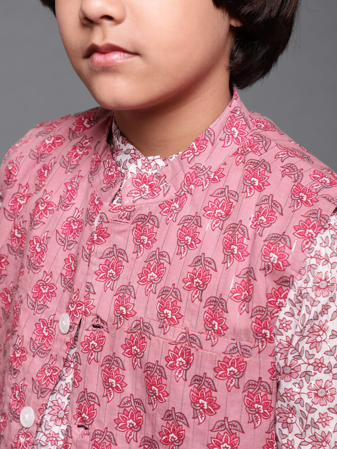 White & Mauve Floral Print Kurta Pyjama With Nehru Jacket