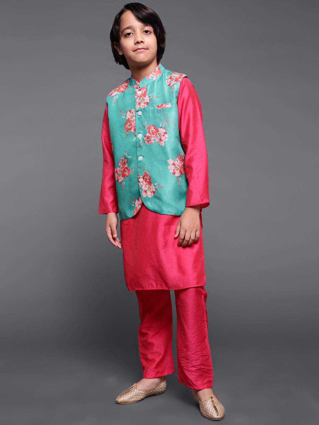 Pink & Green Floral Print Kurta Pyjama With Nehru Jacket