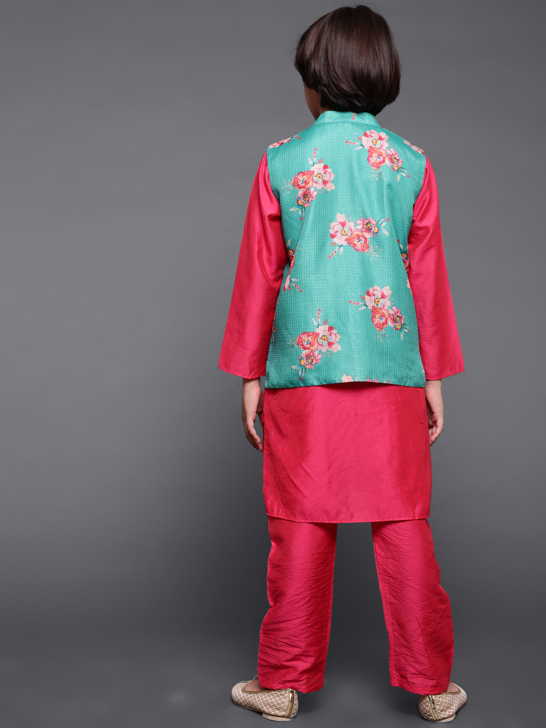 Pink & Green Floral Print Kurta Pyjama With Nehru Jacket