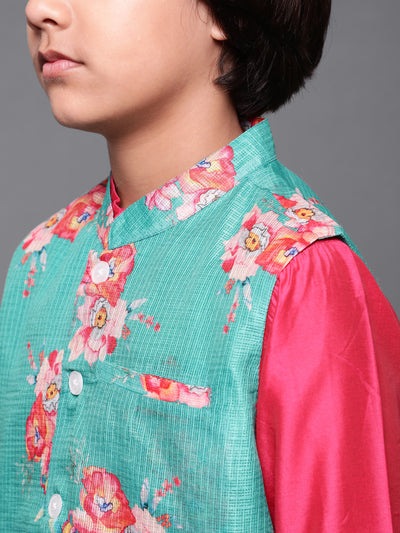 Pink & Green Floral Print Kurta Pyjama With Nehru Jacket