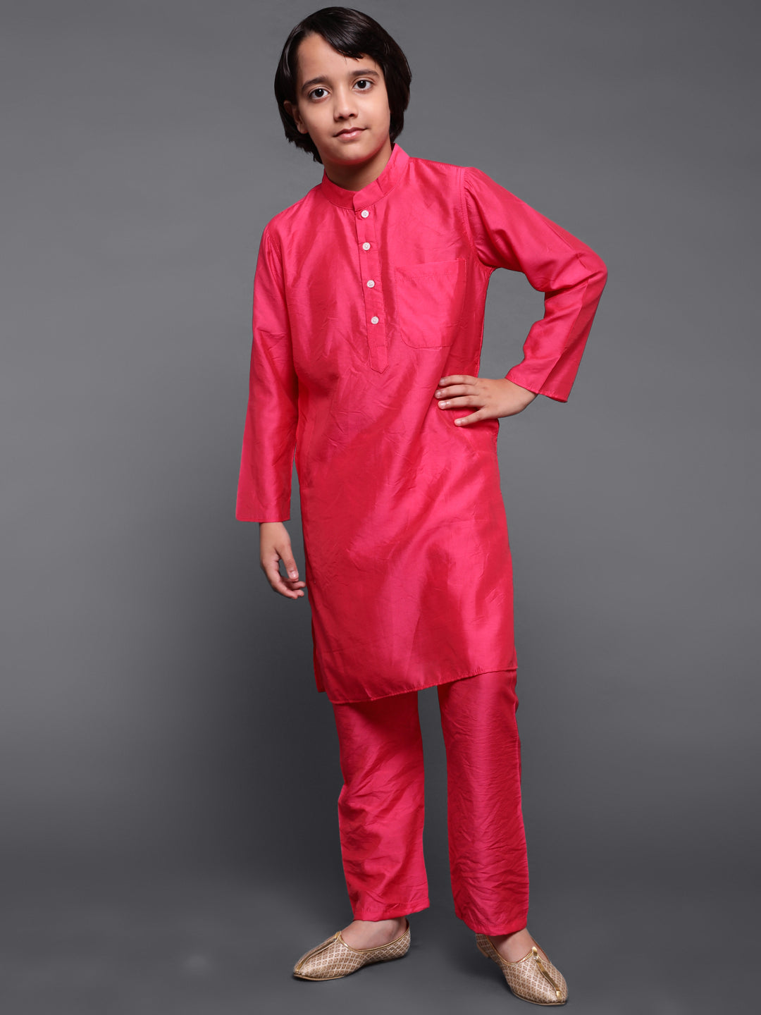 Pink & Green Floral Print Kurta Pyjama With Nehru Jacket