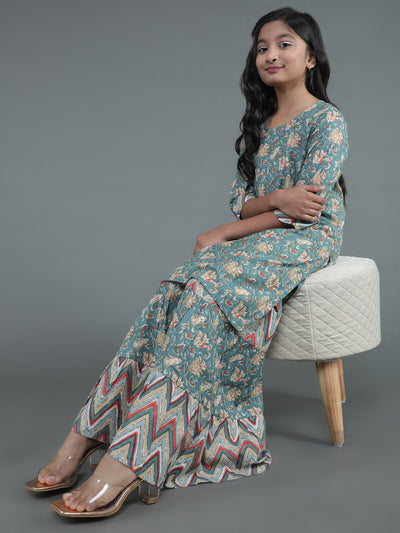 Grey Floral Print Kurta With Sharara