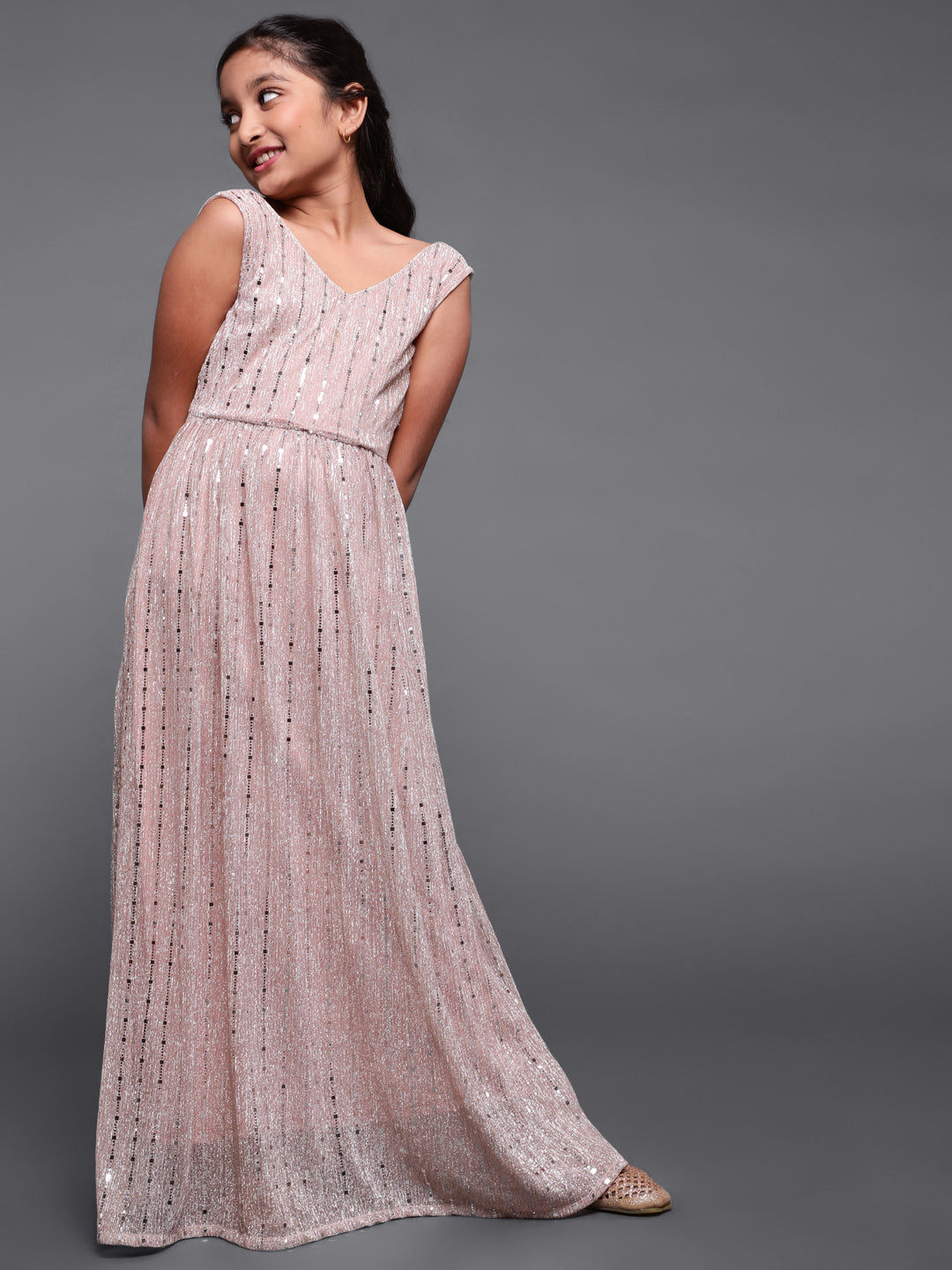 Rose Gold Embellished Flared Maxi Dress