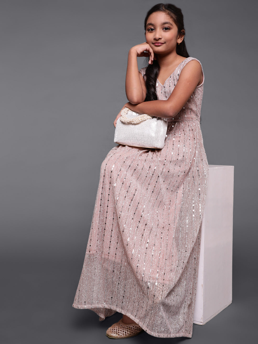 Rose Gold Embellished Flared Maxi Dress