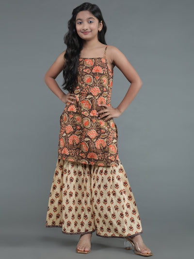 Brown & Cream Floral Print Kurta With Sharara