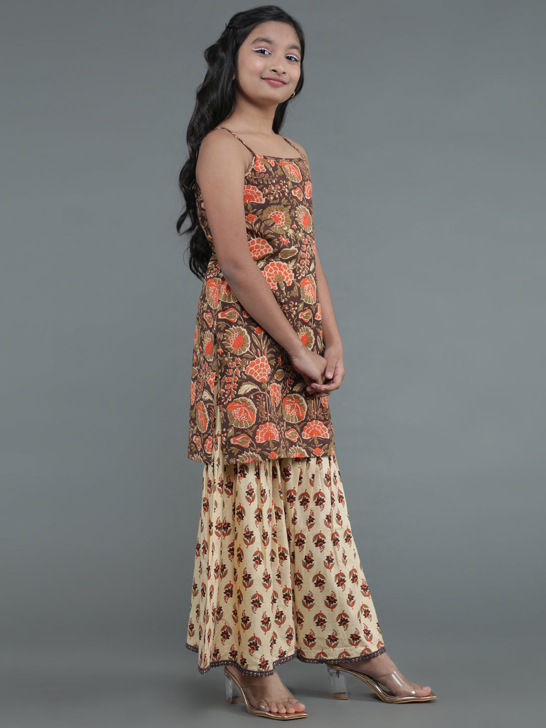 Brown & Cream Floral Print Kurta With Sharara