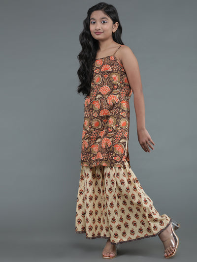 Brown & Cream Floral Print Kurta With Sharara