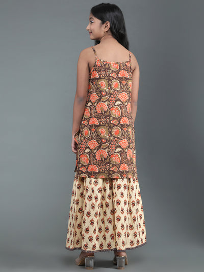 Brown & Cream Floral Print Kurta With Sharara