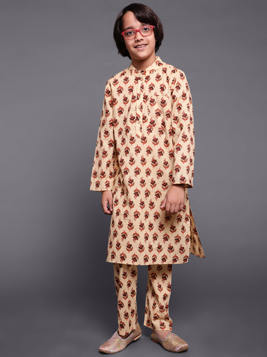 Brown Floral Print Kurta Pyjama With Nehru Jacket