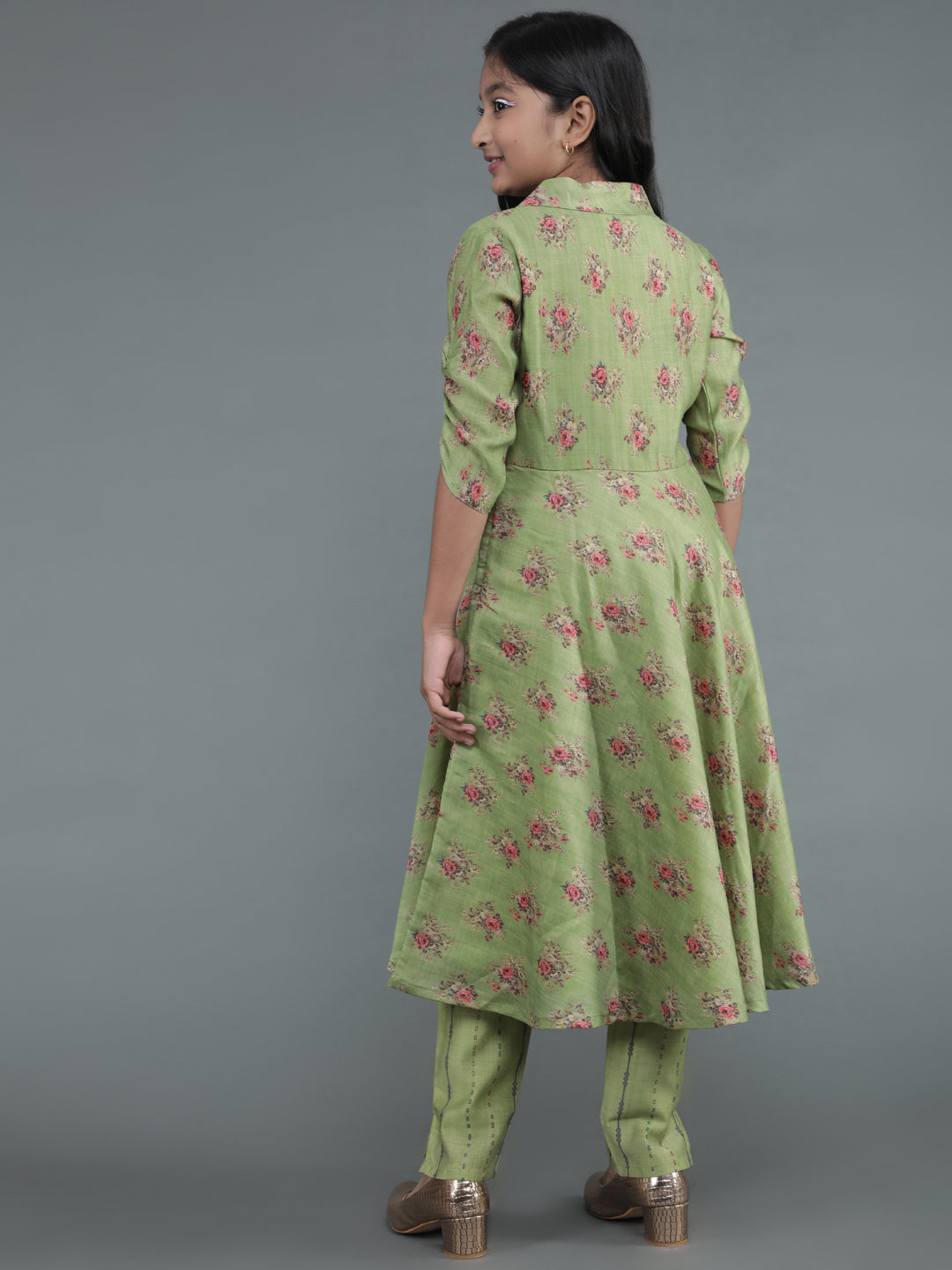 Green Floral Print Chanderi Suit Set - Mother Daughter Combo