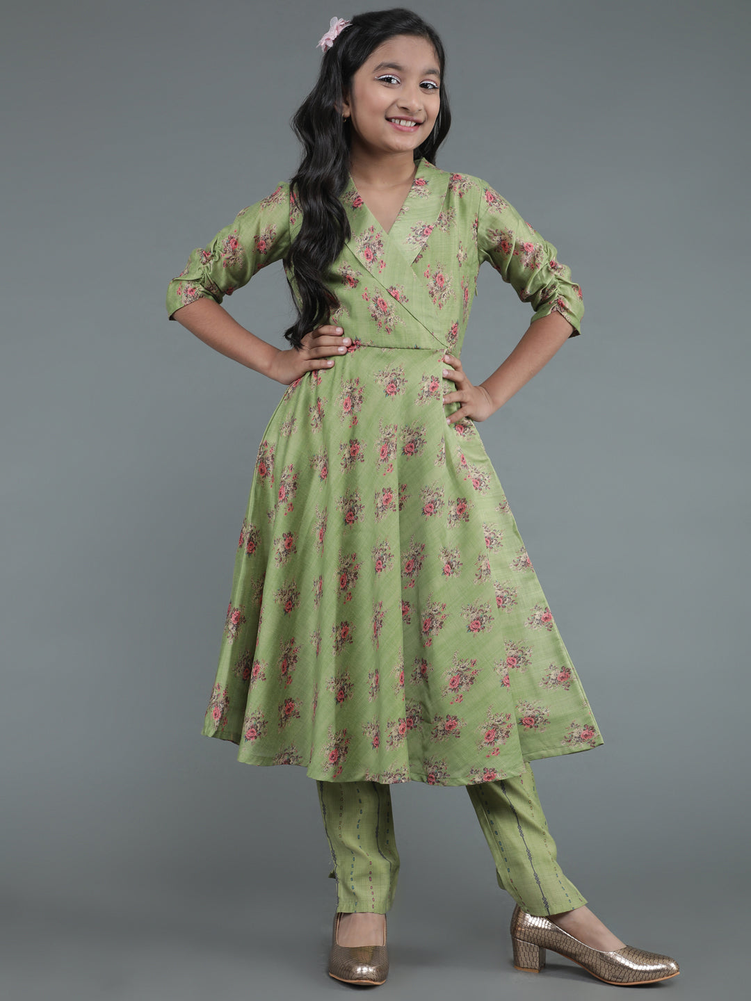 Green Floral Print Kurta With Pant