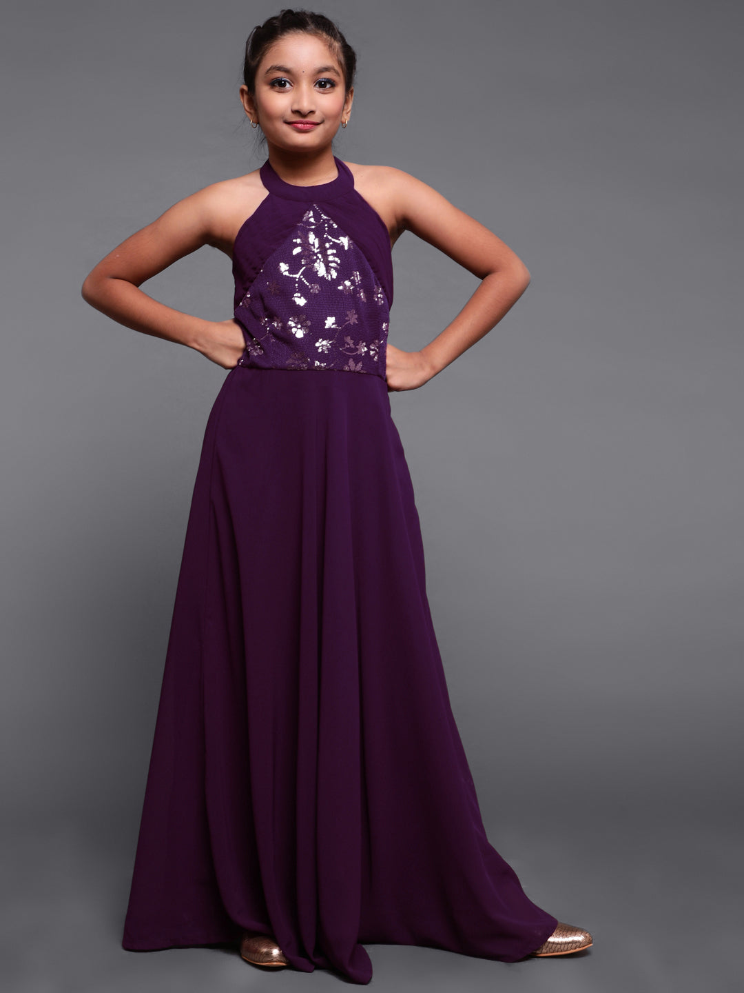 Purple Sequined Flared Maxi Dress
