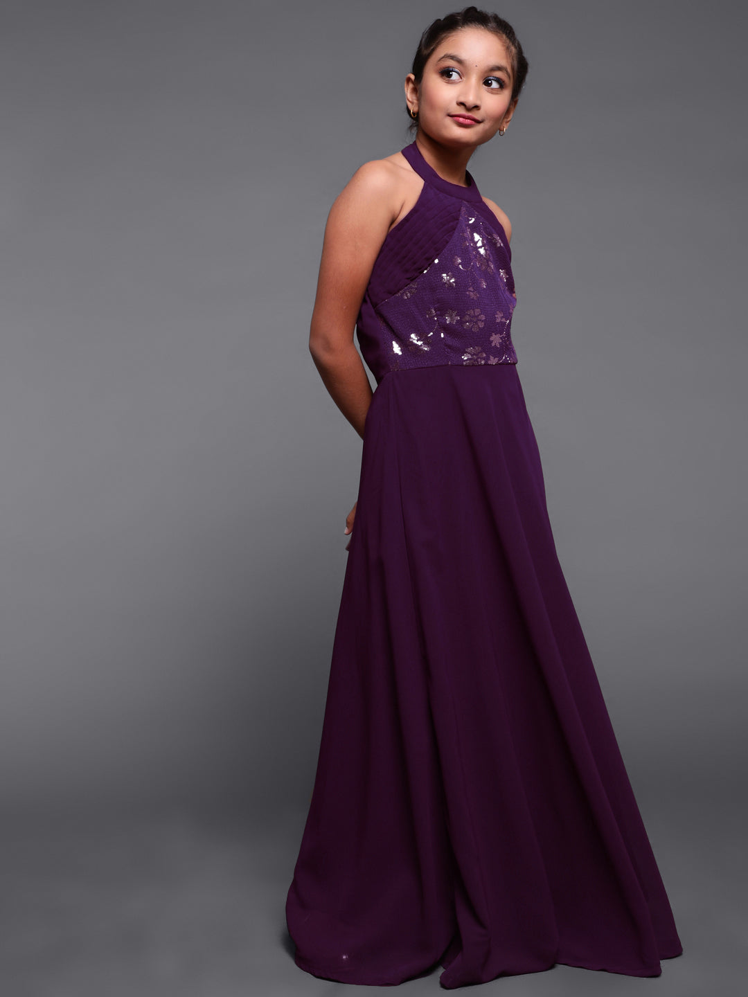 Purple Sequined Flared Maxi Dress