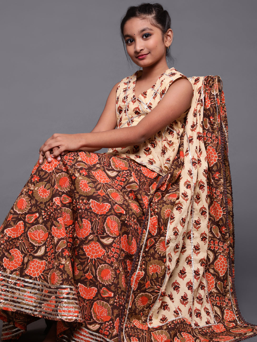 Brown & Cream Floral Print Lehenga Choli With Dupatta