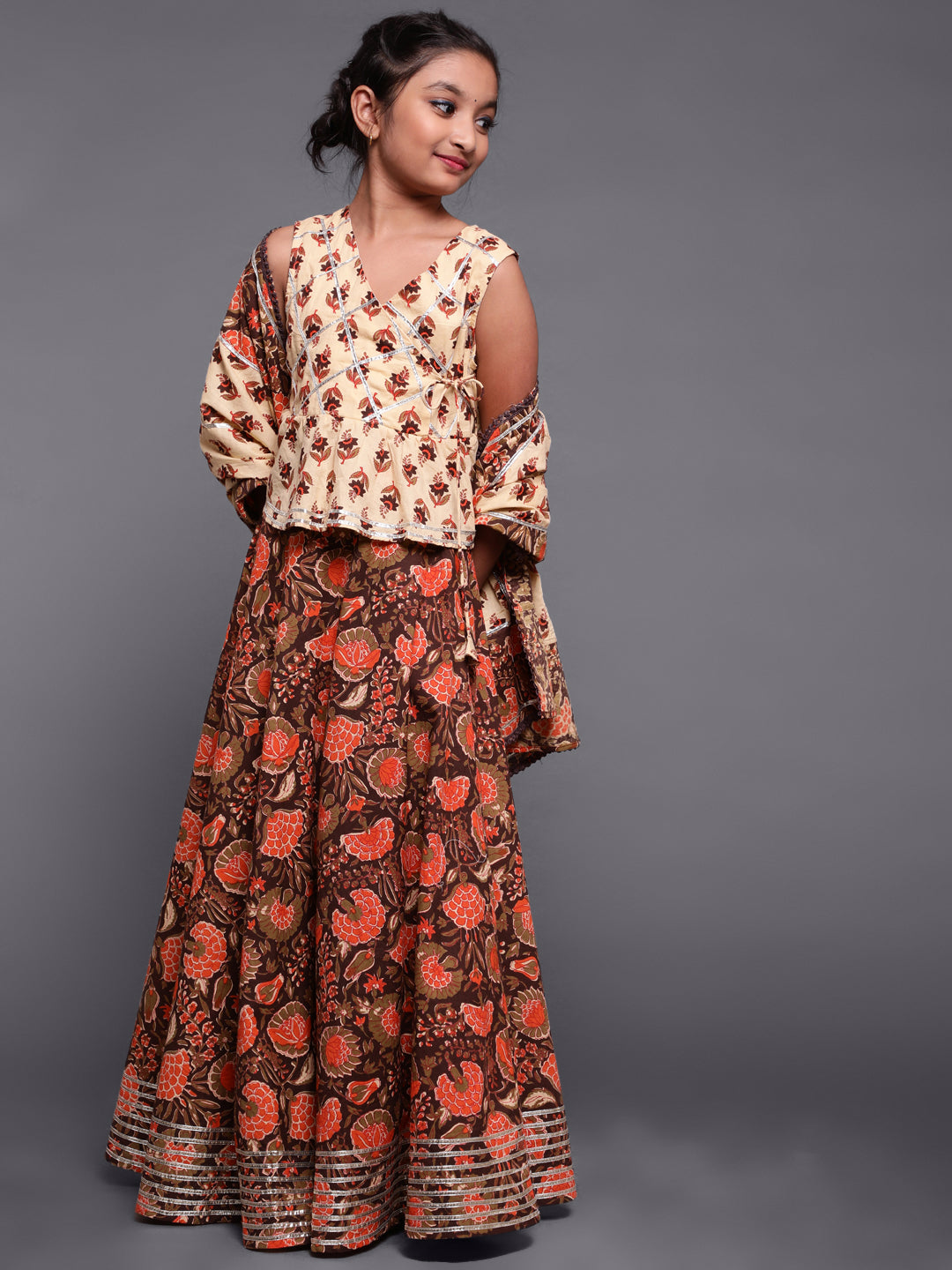 Brown & Cream Floral Print Lehenga Choli With Dupatta