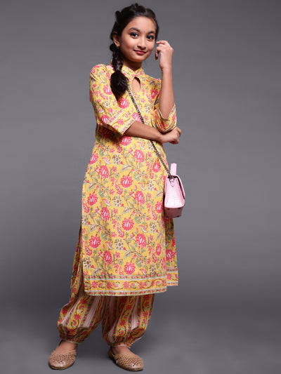 Yellow Floral Print Kurta With Balloon Palazzo