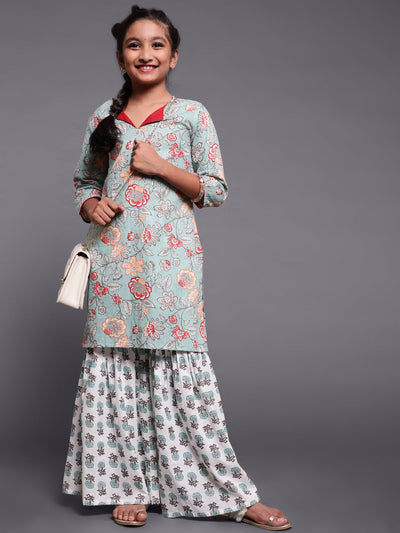 Pastel Green Floral Print Kurta With Sharara