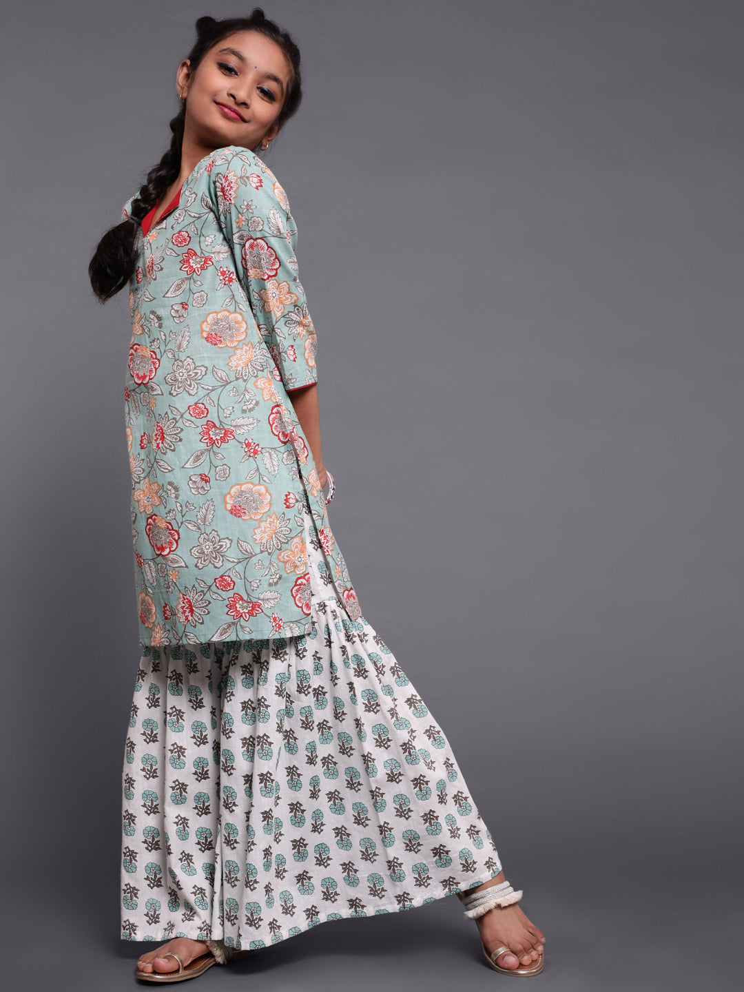 Pastel Green Floral Print Kurta With Sharara