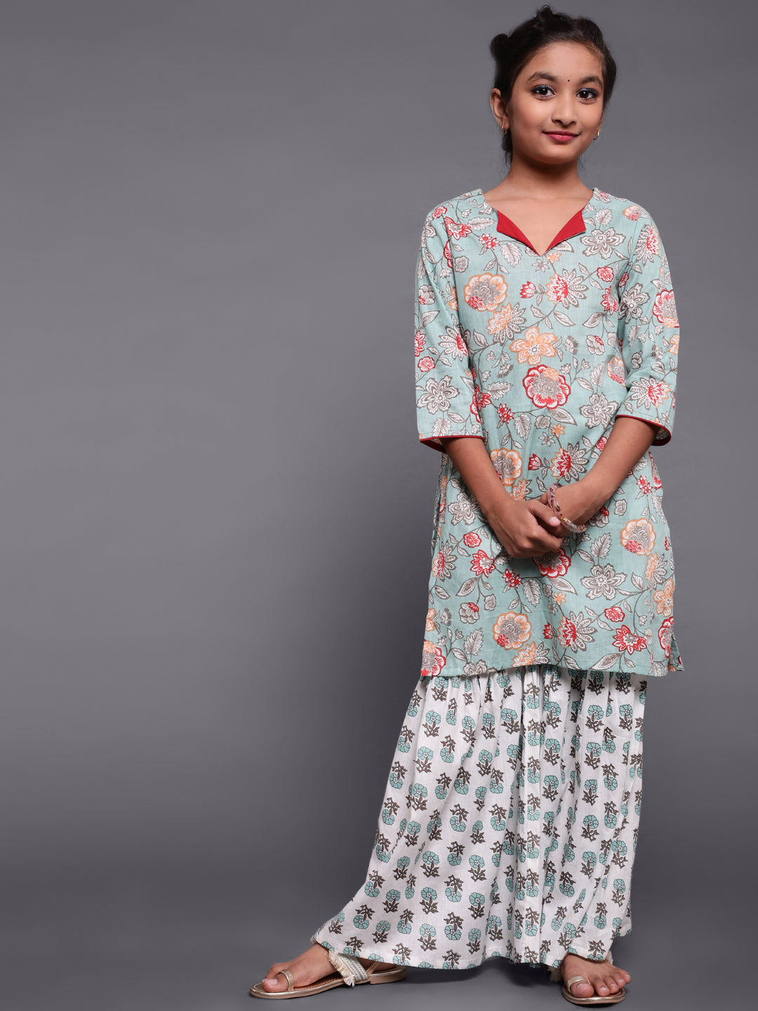 Pastel Green Floral Print Kurta With Sharara