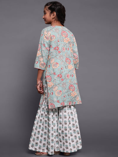 Pastel Green Floral Print Kurta With Sharara