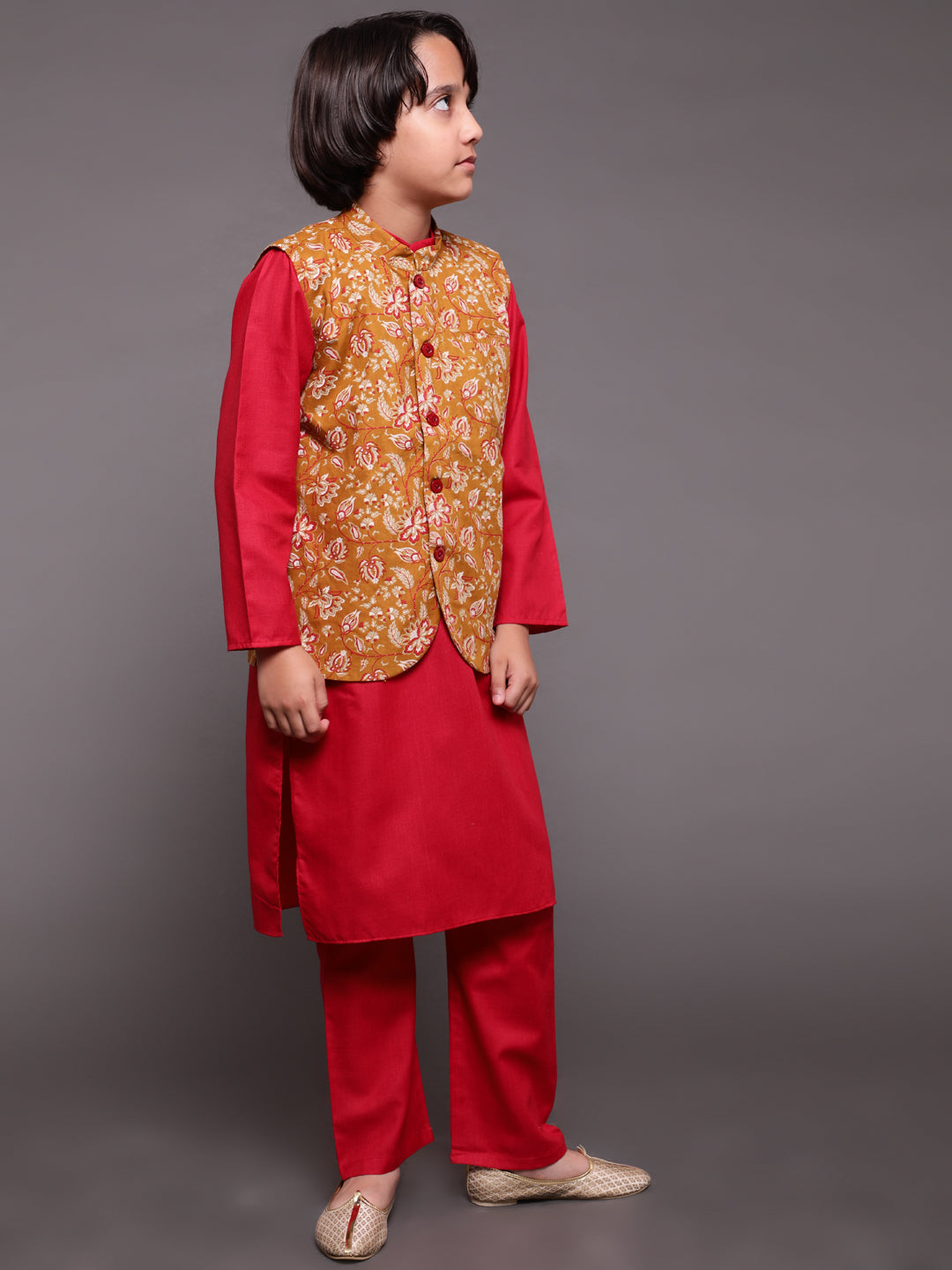 Red & Mustard Floral Print Kurta Pyjama With Nehru Jacket