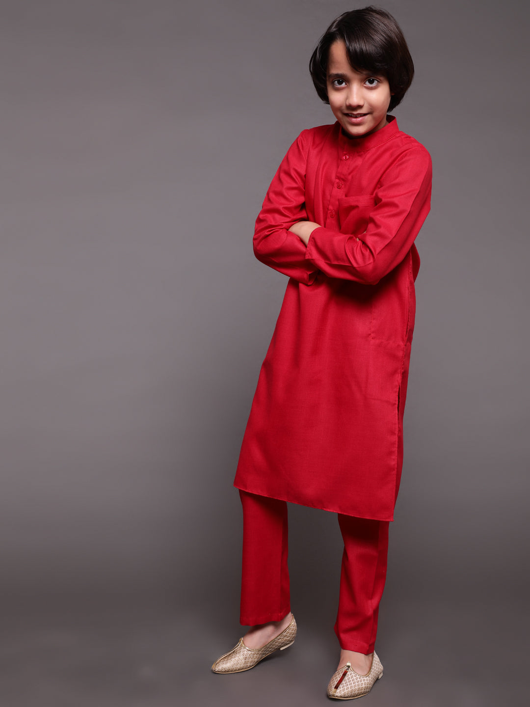 Red & Mustard Floral Print Kurta Pyjama With Nehru Jacket