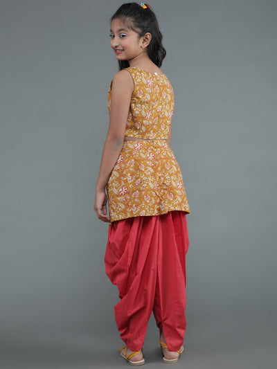 Mustard & Red Floral Print Top With Dhoti Pant
