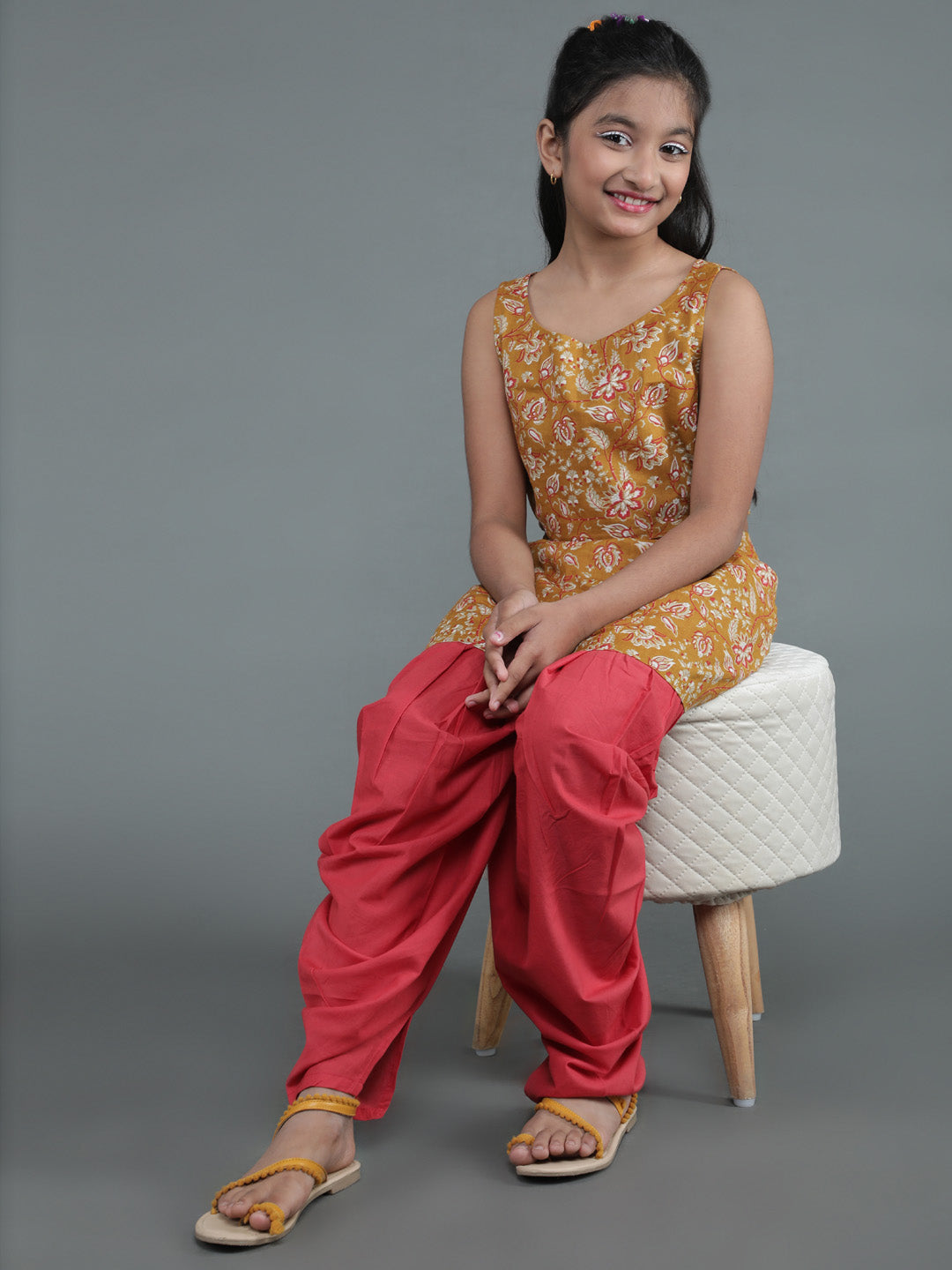Mustard & Red Floral Print Top With Dhoti Pant