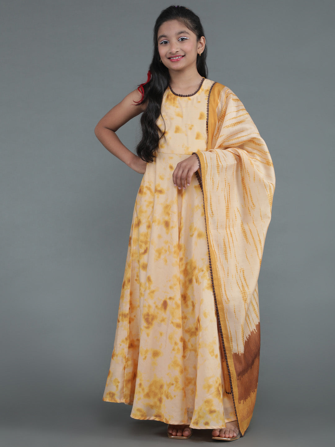 Cream Tie & Dye Print Dress With Dupatta