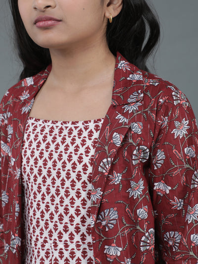 Maroon & White Floral Print Top Palazzo With Jacket