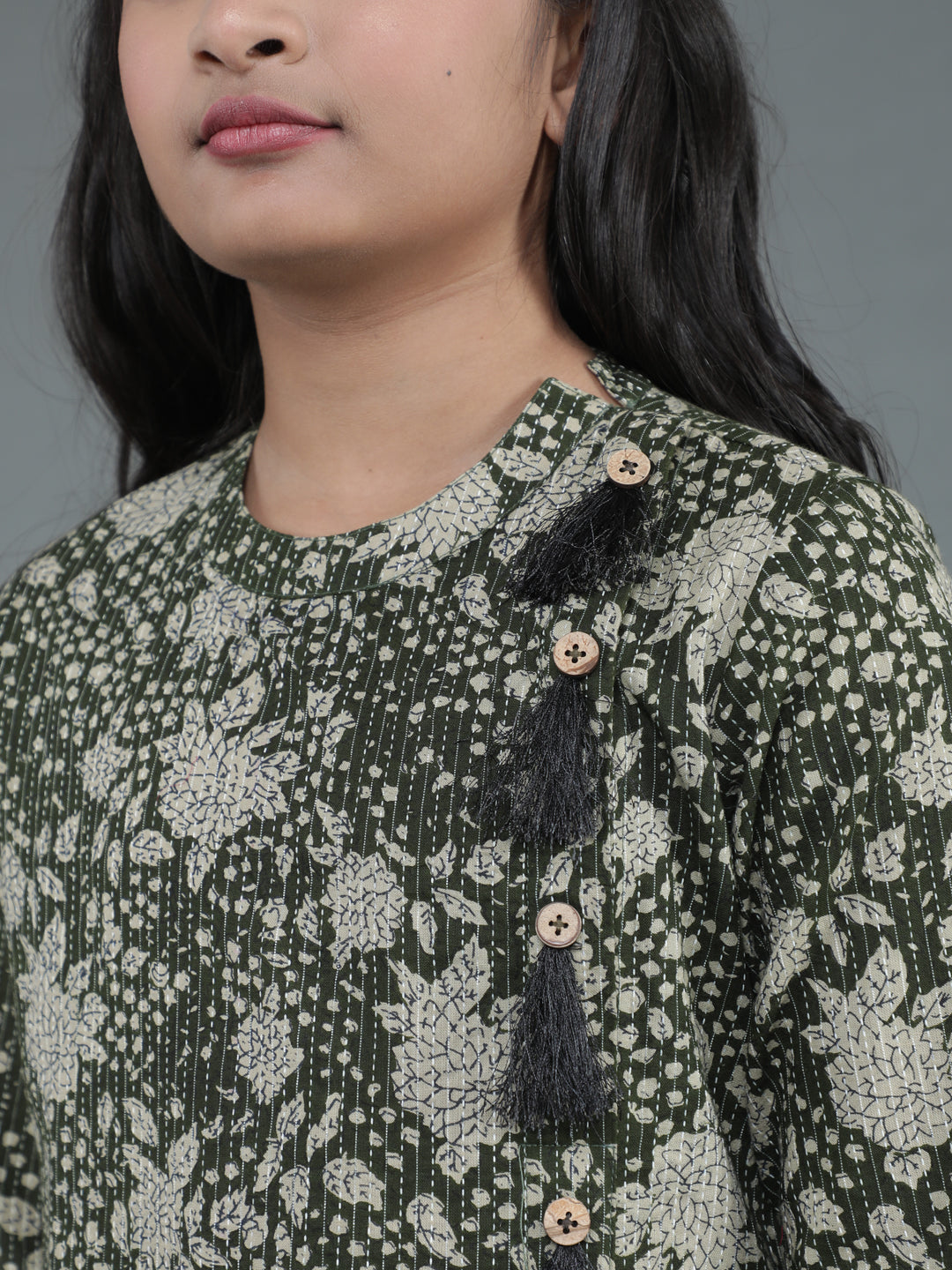 Green Floral Print Kantha Work Kurta With Pant