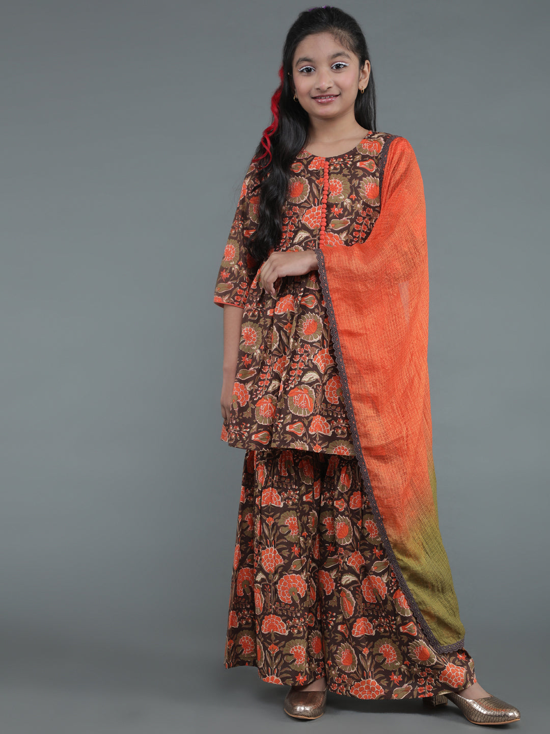 Brown Floral Print Kurta Sharara With Dupatta