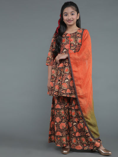 Brown Floral Print Kurta Sharara With Dupatta