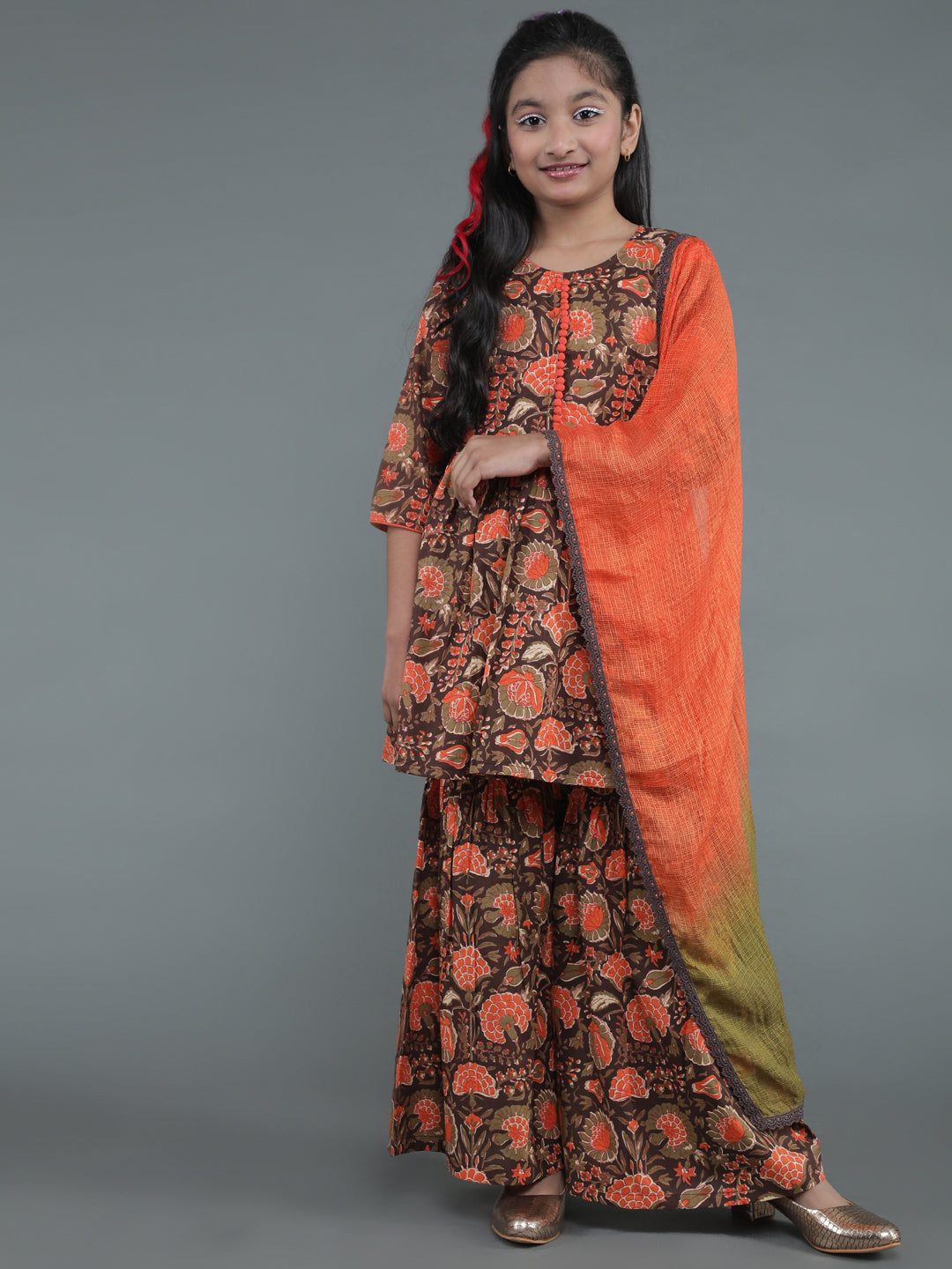 Brown Ethnic Motif Sharara Suit Set Mother Daughter Combo