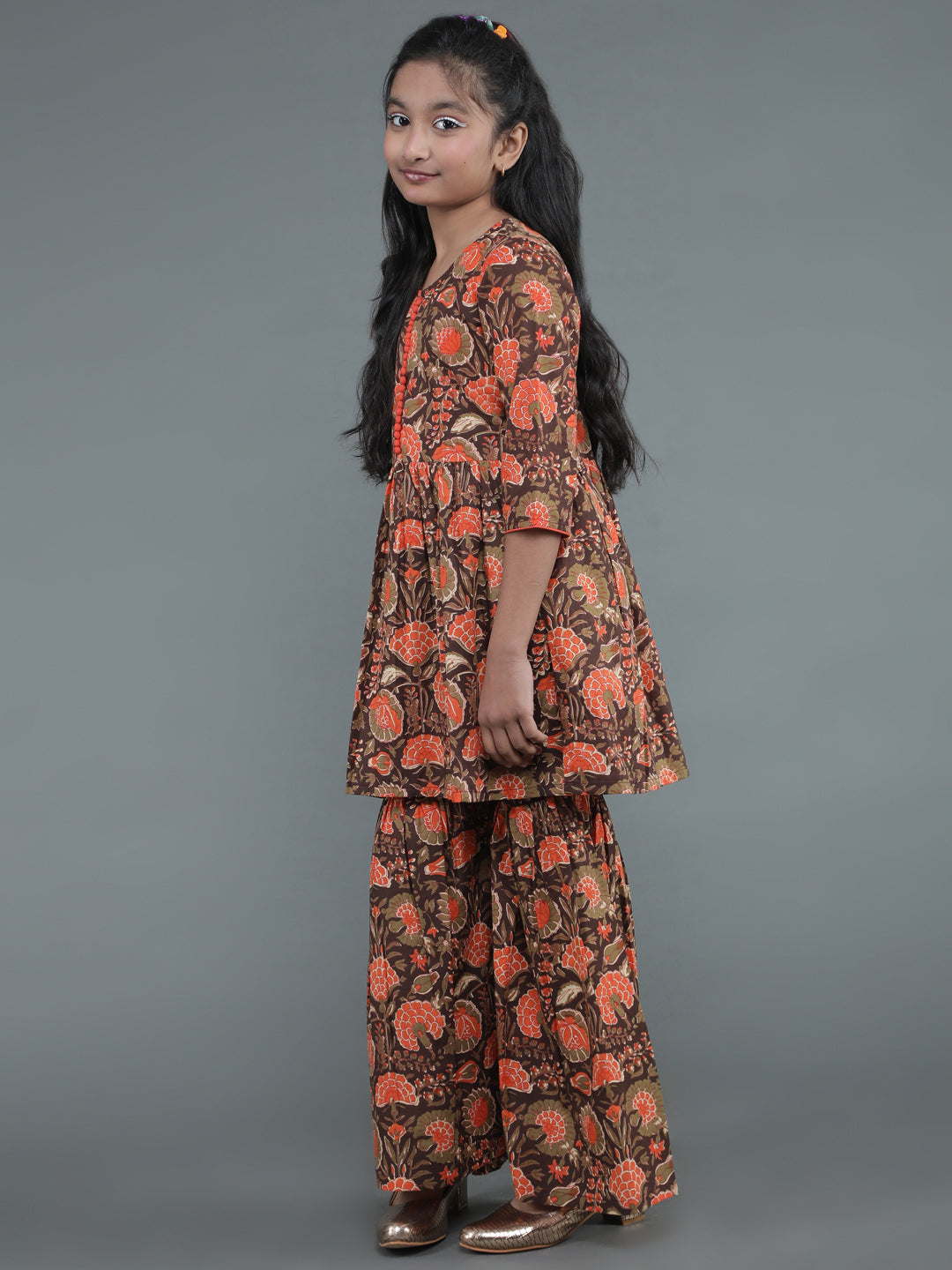 Brown Floral Print Kurta Sharara With Dupatta