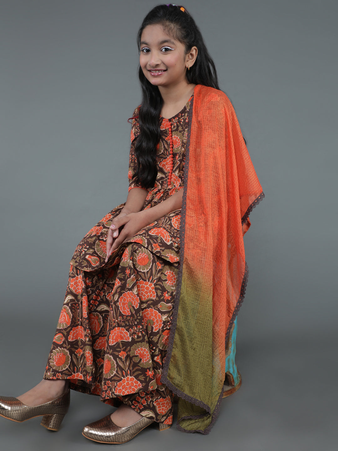 Brown Floral Print Kurta Sharara With Dupatta