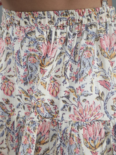 Cream Floral Print Kurta Skirt With Dupatta