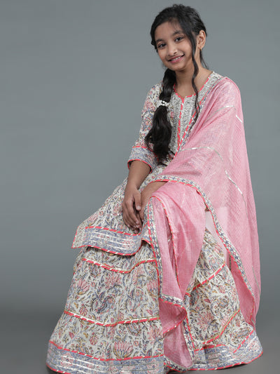 Cream Floral Print Kurta Skirt With Dupatta