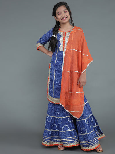 Navy Blue Bandhani Print Kurta Sharara With Dupatta