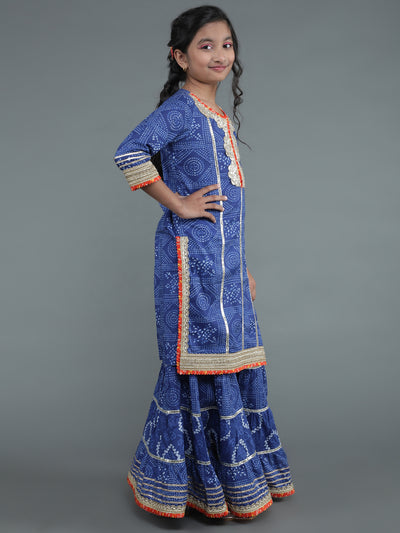 Navy Blue Bandhani Print Kurta Sharara With Dupatta