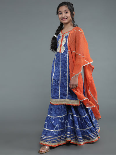 Navy Blue Bandhani Print Kurta Sharara With Dupatta