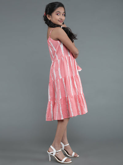 Peach Striped Cotton Tiered Dress Mother Daughter Combo