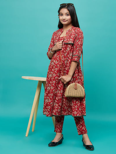 Red Floral Print Flared Mother Daughter Combo