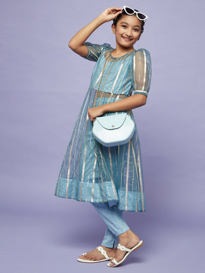 Blue Lurex Anarkali Suir Set Mother Daughter Combo