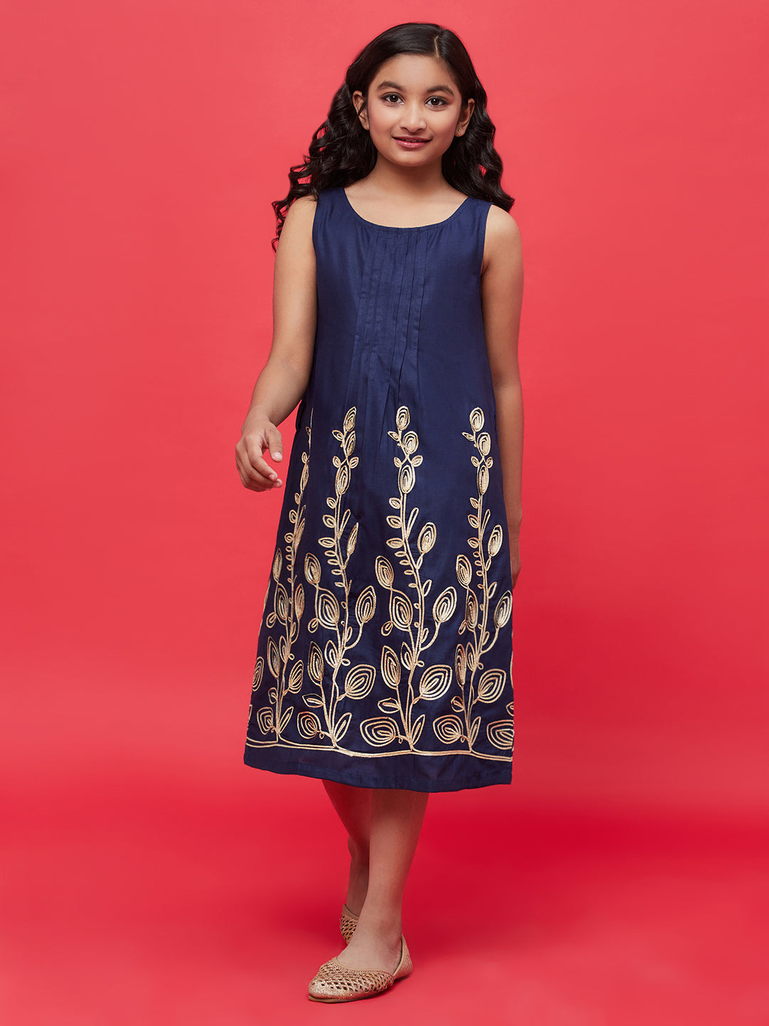 Navy Blue Embroidered A-Line Dress