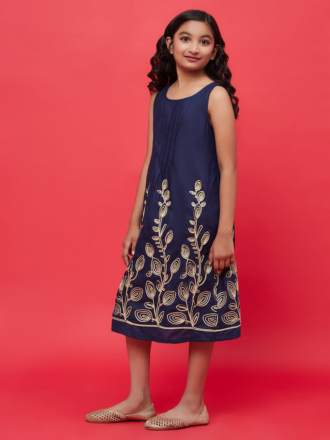 Navy Blue Embroidered A-Line Dress