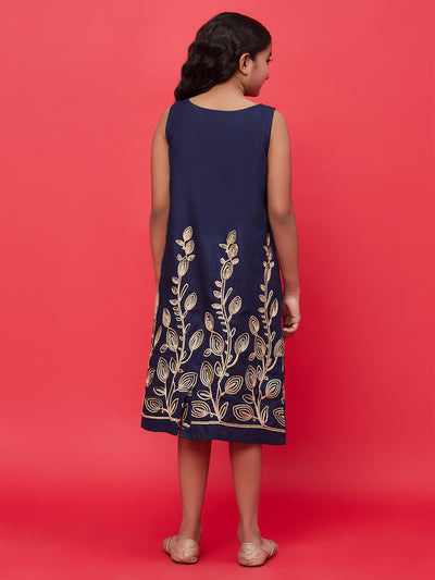 Navy Blue Embroidered A-Line Dress