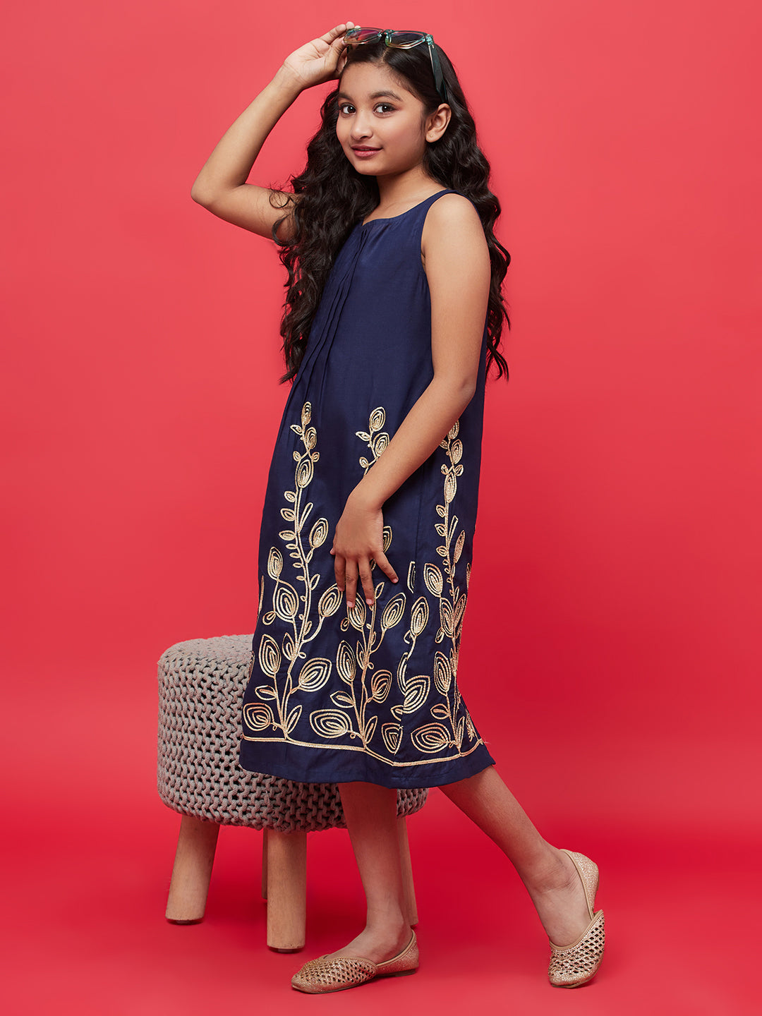 Navy Blue Embroidered A-Line Dress