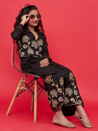 Black Embroidered Top Skirt With Attached Pant