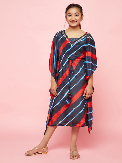 Navy Blue Leheriya Print Kaftan Dress